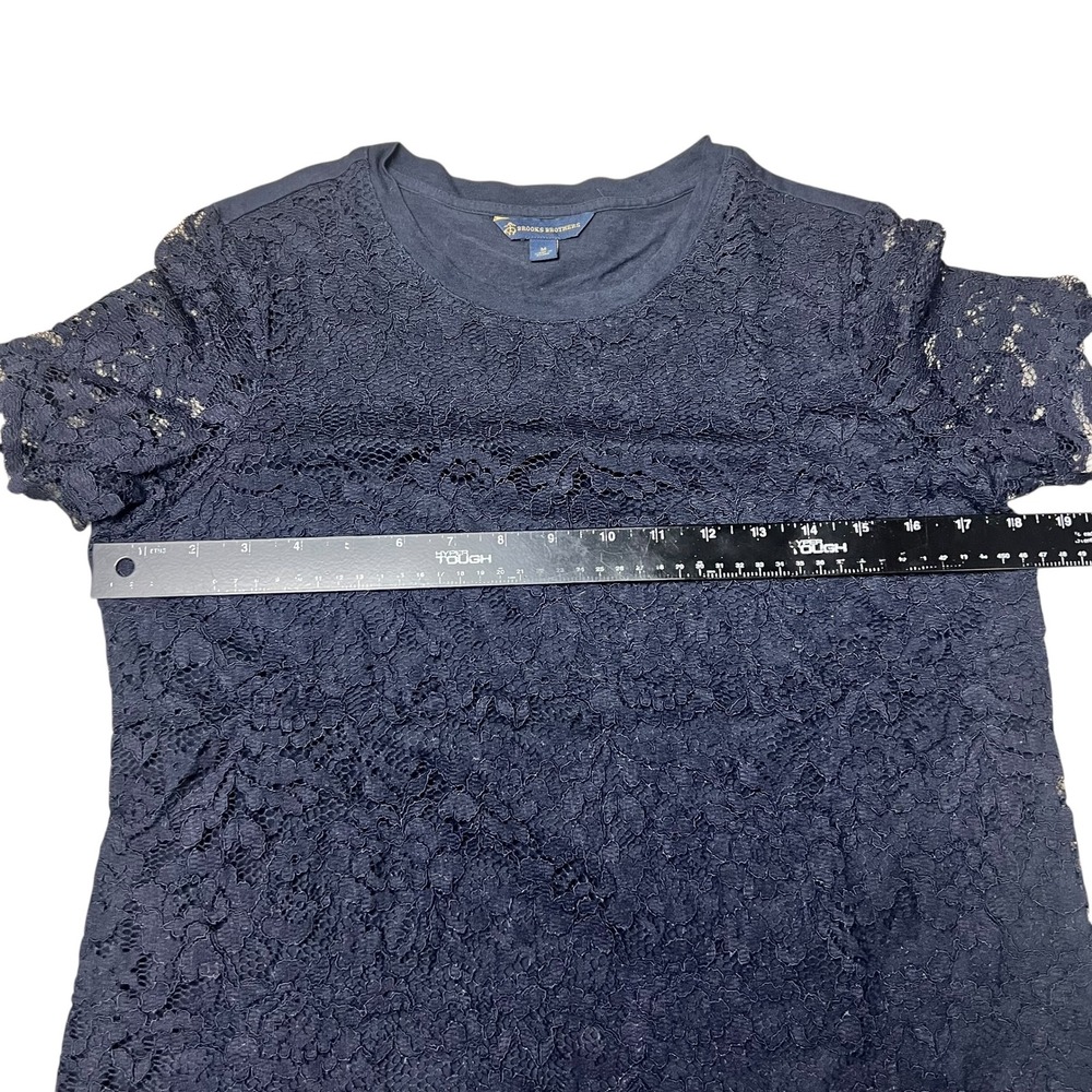 Brooks Brothers Navy Blue Floral Lace Overlay Short Sleeve Top Crew Neck Medium - Picture 5 of 7